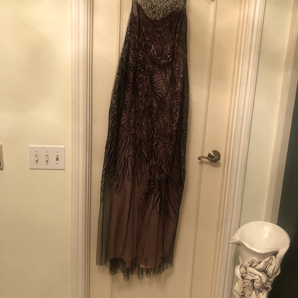 BCBG black evening gown with lace detail.